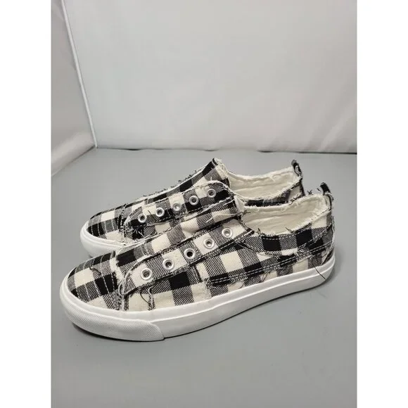 Corkys Boutique Black White Babalu Distressed Buffalo Plaid Slip on Sneakers, 6 - Picture 3 of 7